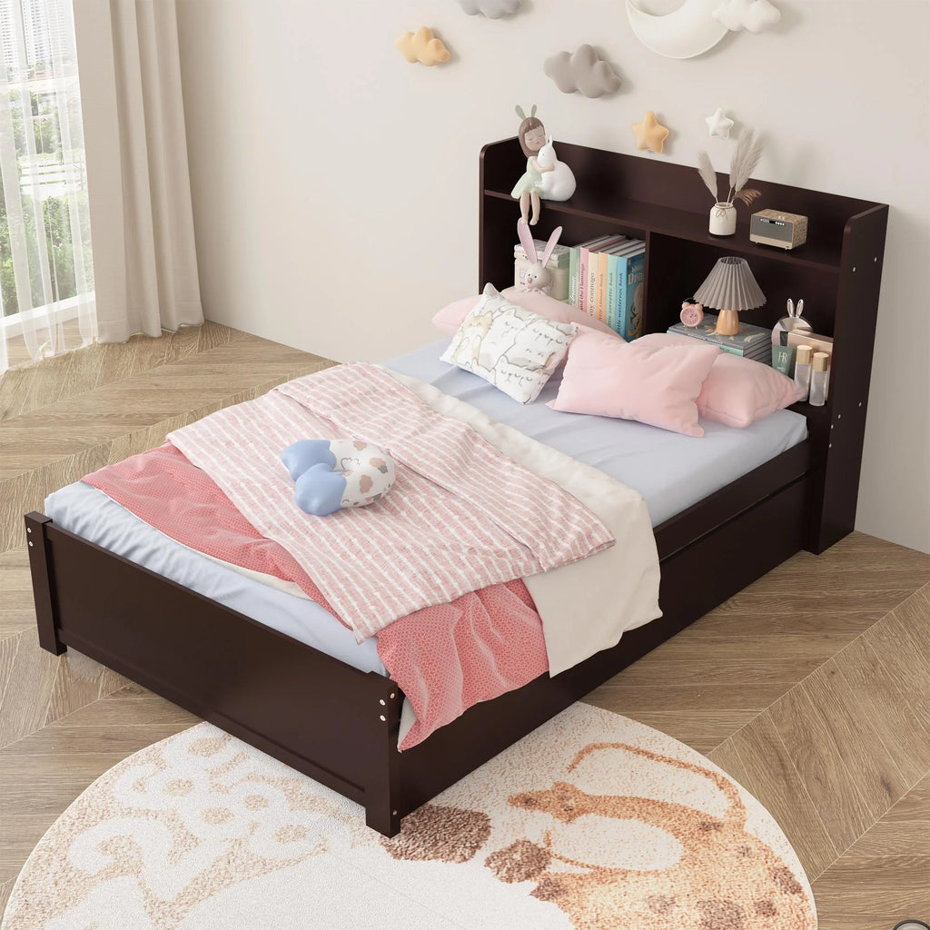 Twin Bed Frame with Trundle and Storage Bookcase P1101