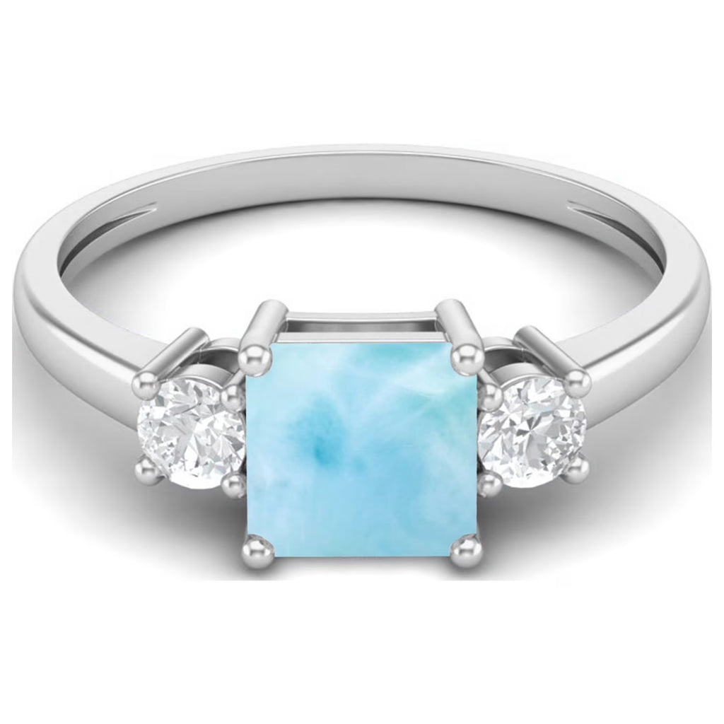 0.95 Ctw Princess Cut Square Larimar 925 Sterling Silver Trio Stone Ring G745692