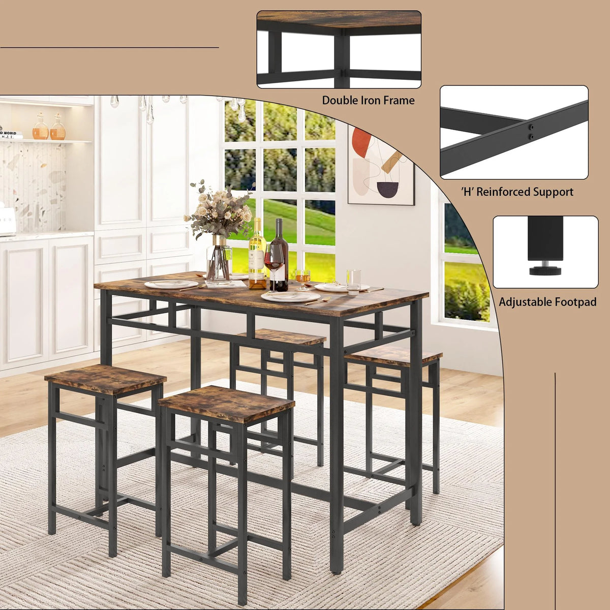 5-Piece Counter Height Pub Dining Set with Foot Support A3272