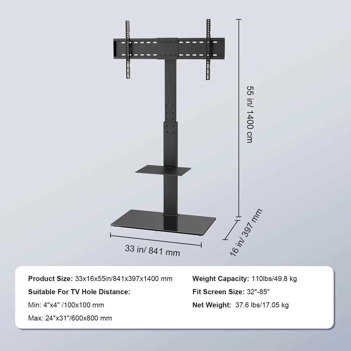 Modern Swivel Floor TV Stand for 32"-85" TVs Adjustable Height Glass F356