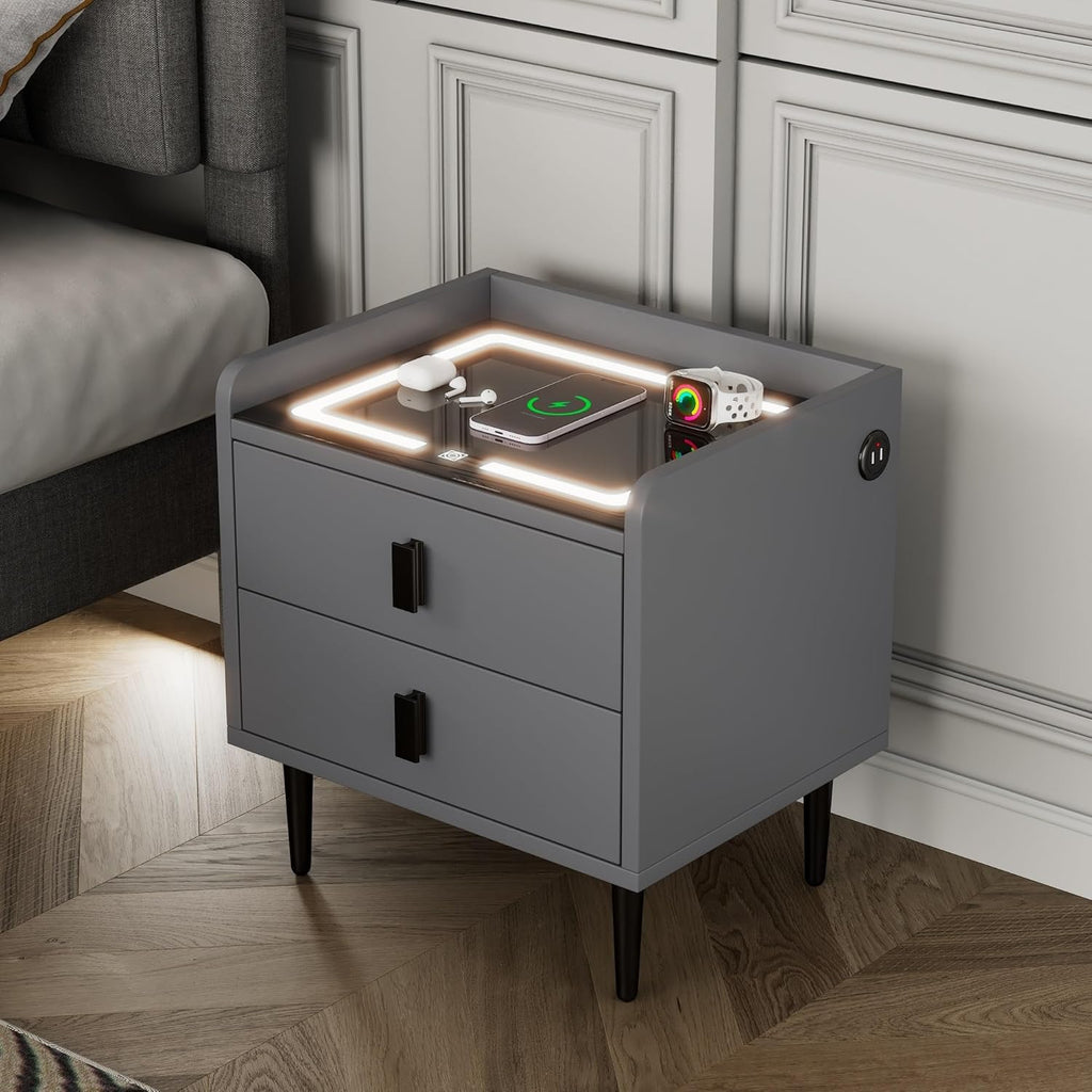 1 Pack Nightstand with Wireless Charging Station and LED Lights Grey Z3765