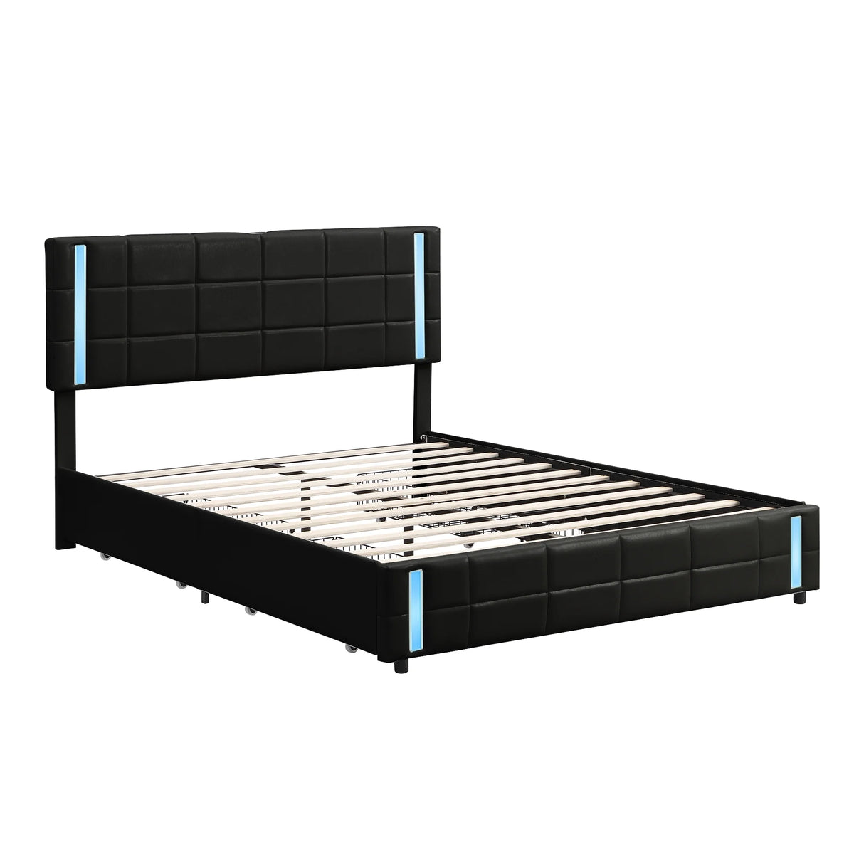 Queen Size Upholstered Platform Bed with LED Lights and USB Charging, Storage Bed with 4 Drawers, Black P742