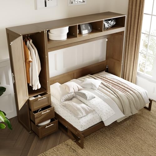 Antique Grey Full Solid Wood Murphy Bed with Wardrobe and Storage Drawers V270257
