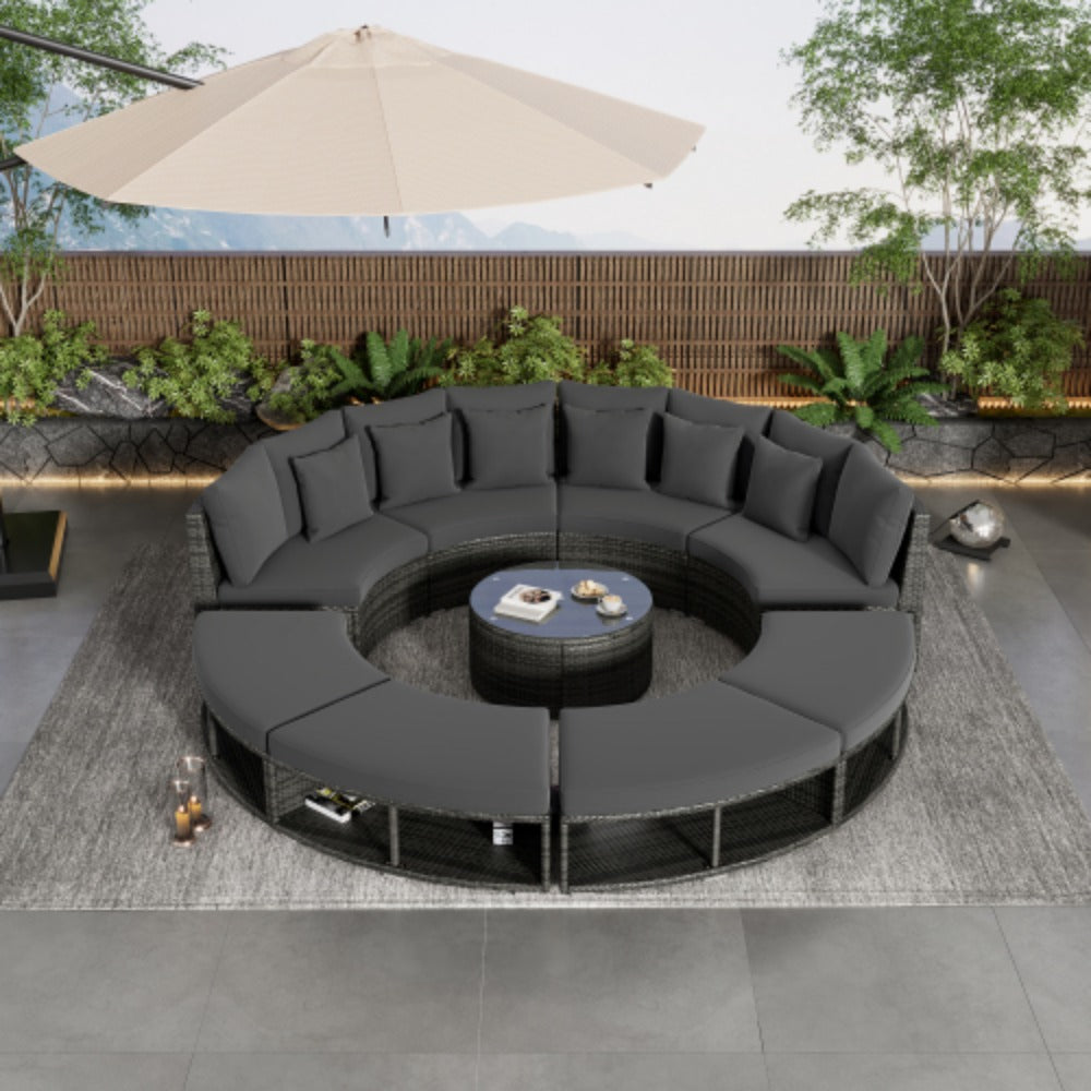 9-Piece Rattan Wicker Outdoor Sofa Set with Tempered Glass Coffee Table H5284