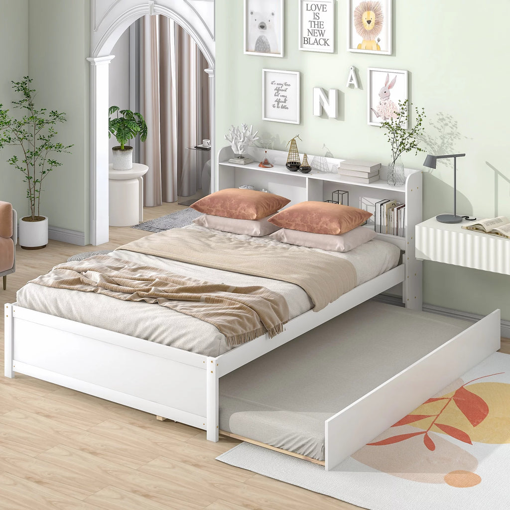 Twin Bed Frame with Trundle and Storage Bookcase P1101