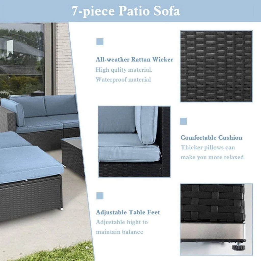 Black Wicker Rattan 7-piece Sectional Sofa Set Z187