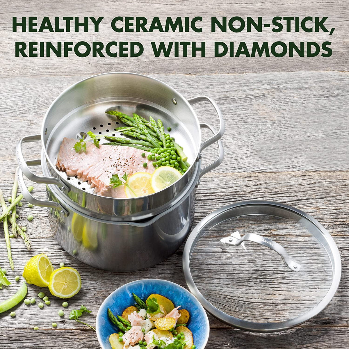 8QT Stainless Steel Nonstick Stock Pot with Strainer Lid and Steamer Q87990