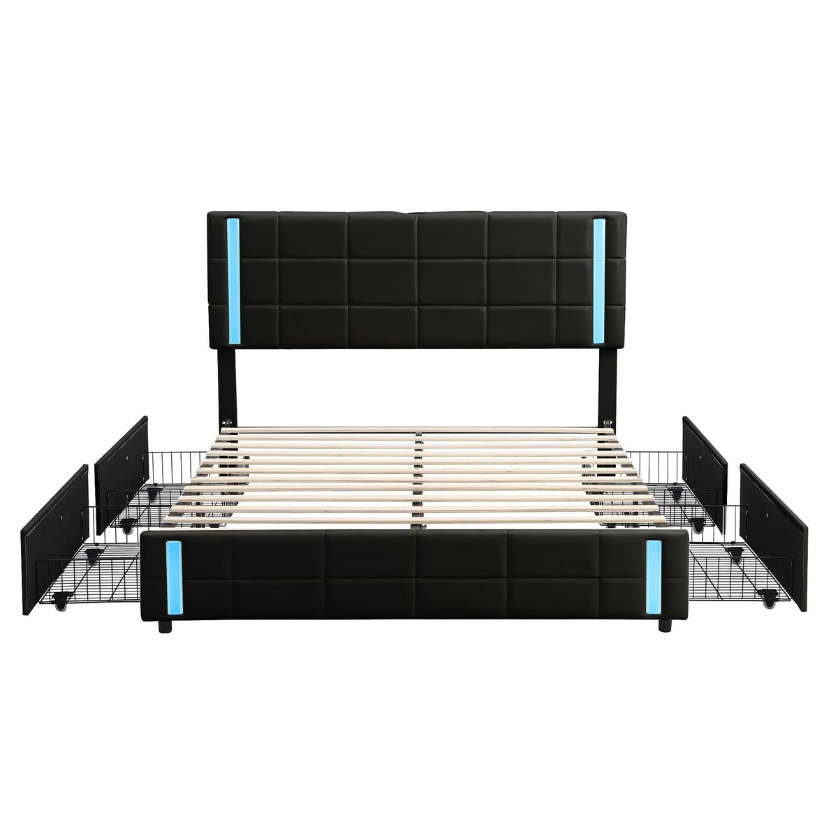 Queen Size Upholstered Platform Bed with LED Lights and USB Charging, Storage Bed with 4 Drawers, Black P742
