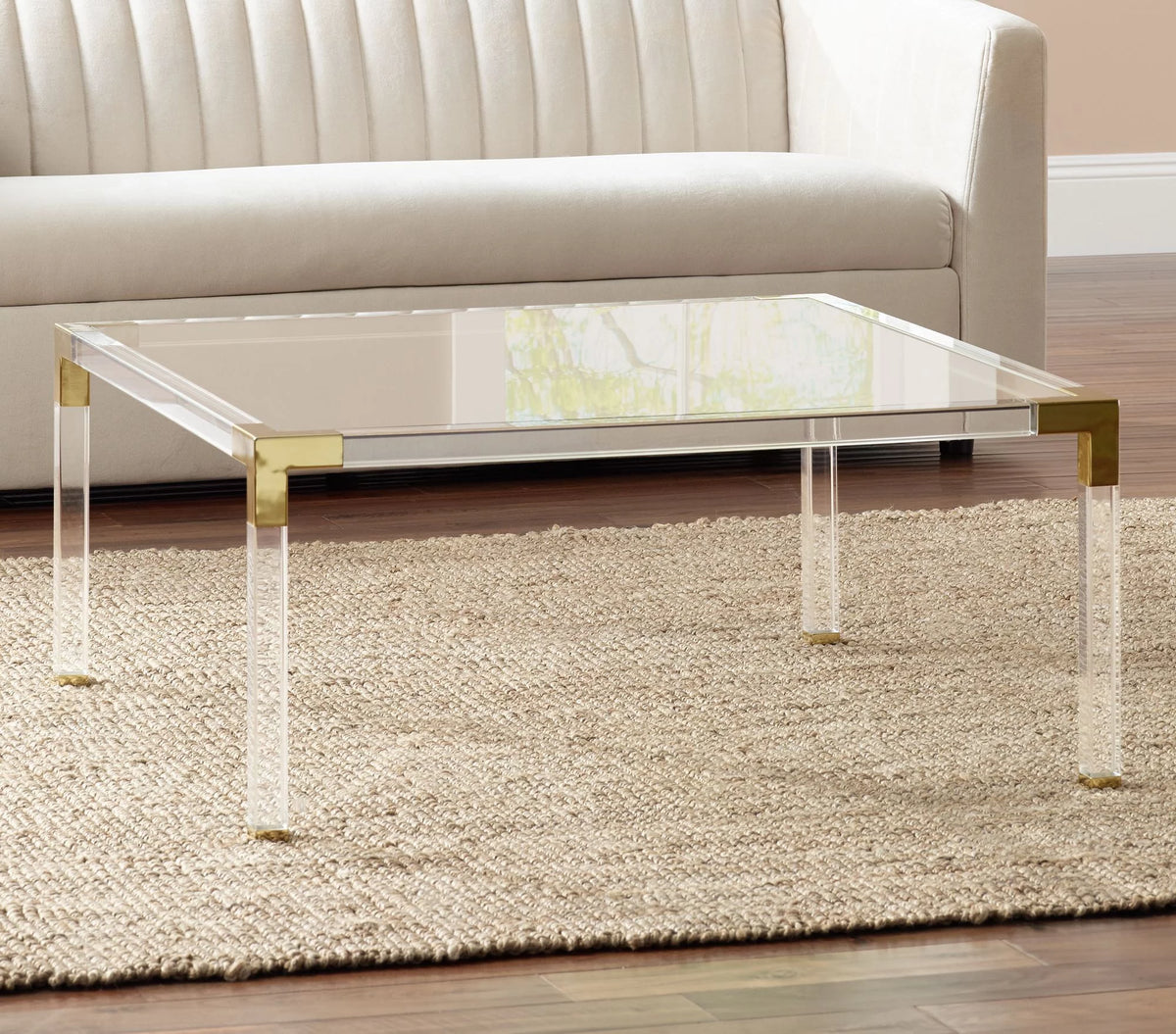 Modern Cast Acrylic Square Coffee Table 40" Wide Clear Gold Tempered Glass Tabletop G797