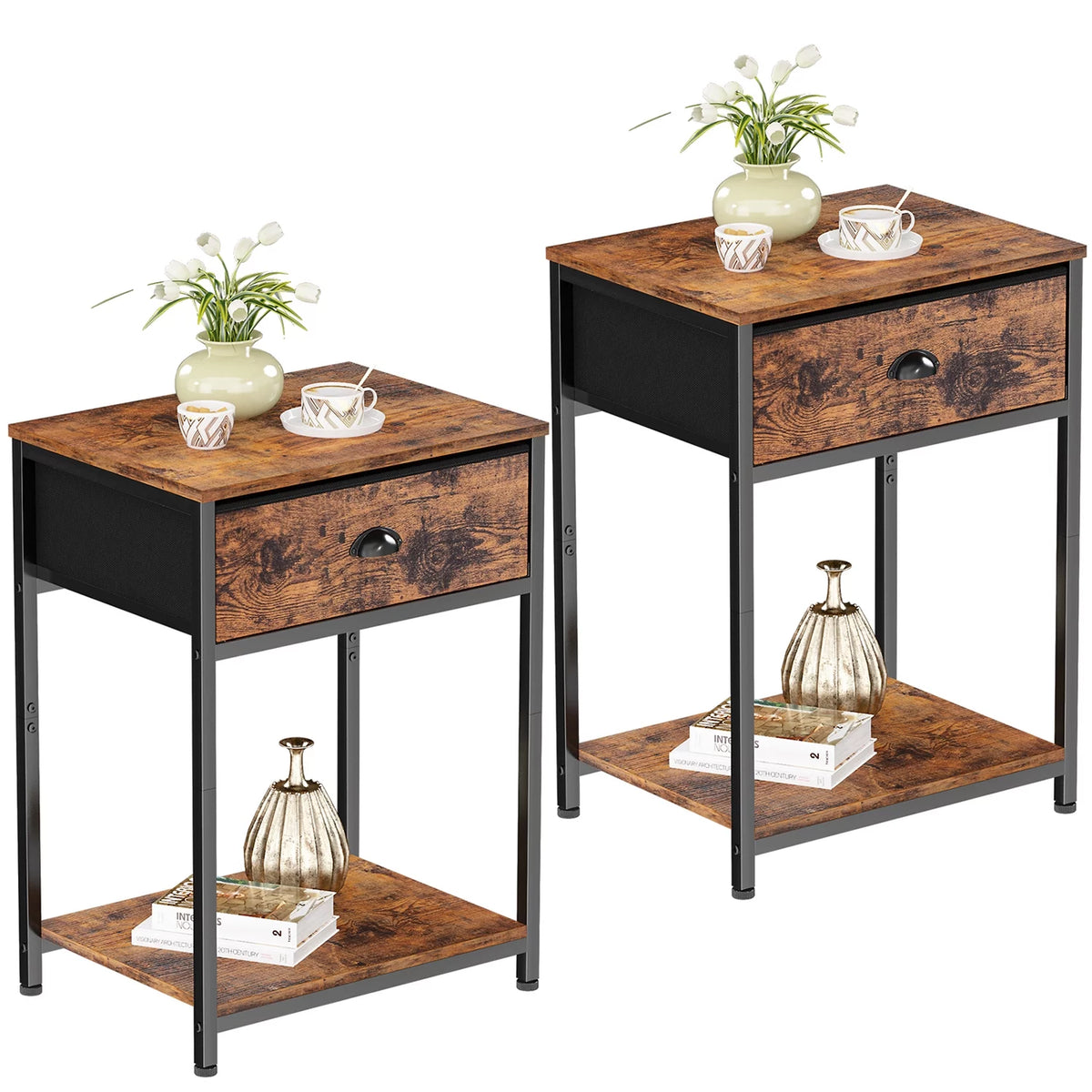 Set of 2 Nightstands with Fabric Drawer and Storage Shelf I581734