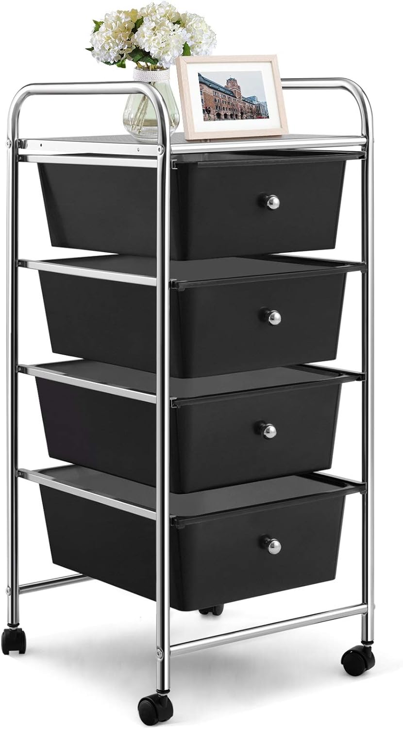 4-Drawers Storage Cart Bin with Wheels and Metal Frame (Black) B529