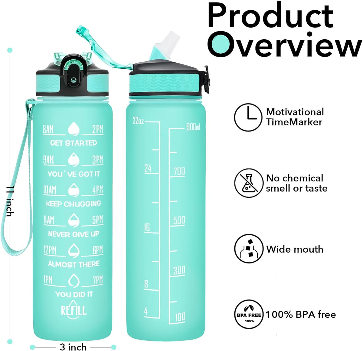 32 oz Motivational Water Bottle with Straw, Time Marker, Leakproof BPA Free J195555