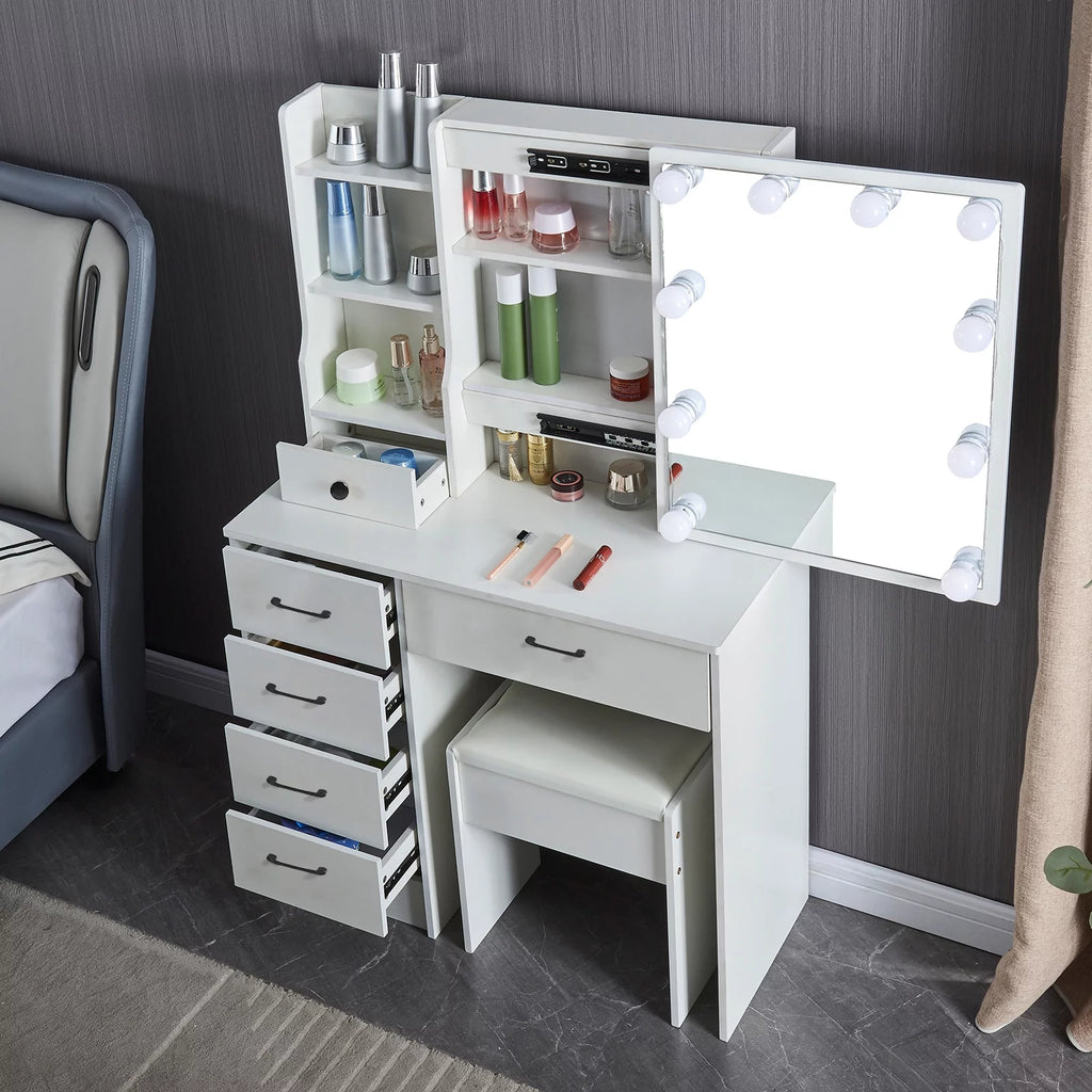 White Vanity Table with Lighted Mirror and Stool T2249