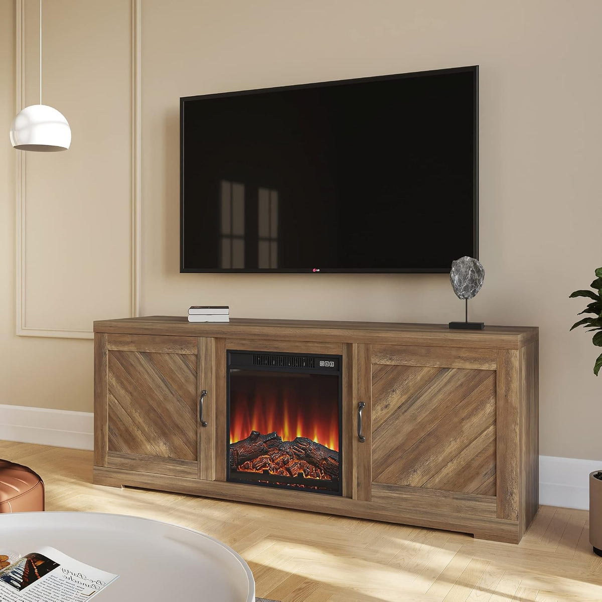Farmhouse Electric Fireplace TV Stand with Storage Cabinets T336