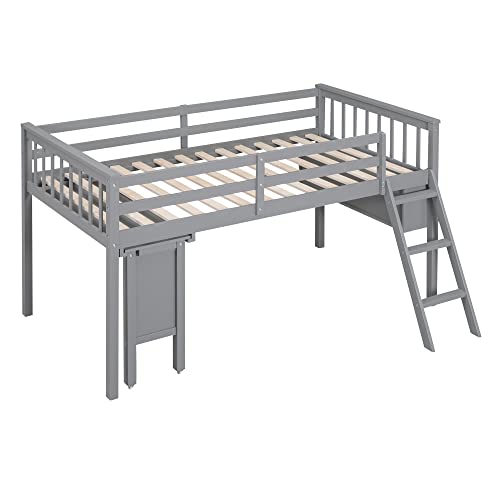 White Full Size Low Loft Bed with Desk and Chair Z6804