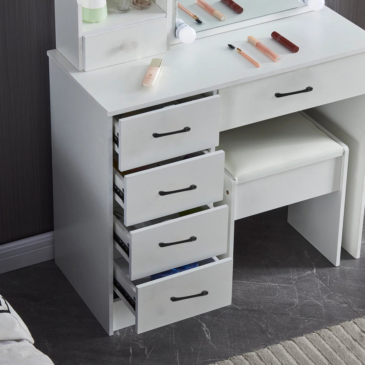 White Vanity Table with Lighted Mirror and Stool T2249