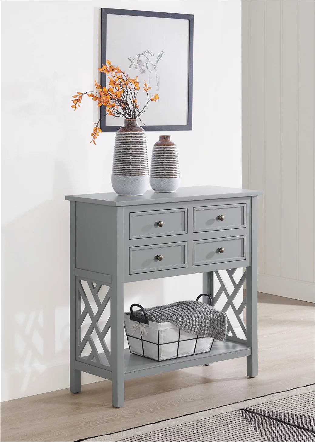 32"W Wood Console Table with 4-Drawers, Gray I822620