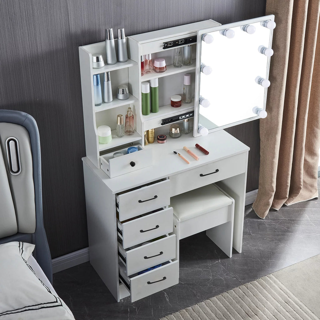 White Vanity Table with Lighted Mirror and Stool T2249