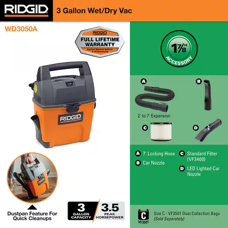 3 Gallon 3.5 Peak HP Portable Wet/Dry Shop Vacuum S657