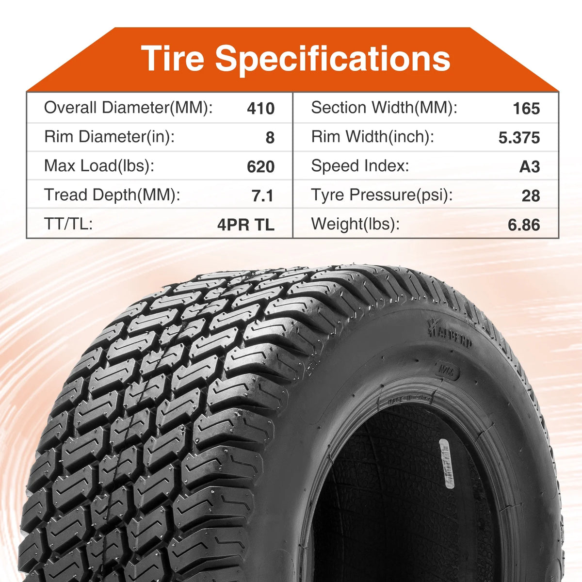 16x6.50-8 Lawn Mower Turf Tires 4Ply Tubeless A317848