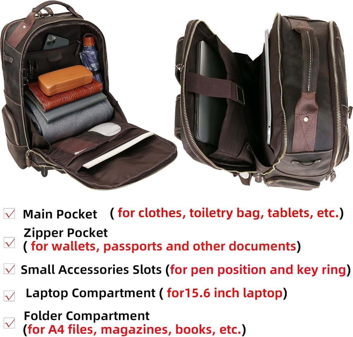 Leather Backpack for Men, 15.6 inch Laptop Backpack Vintage Full Grain Leather Bookbag V8058