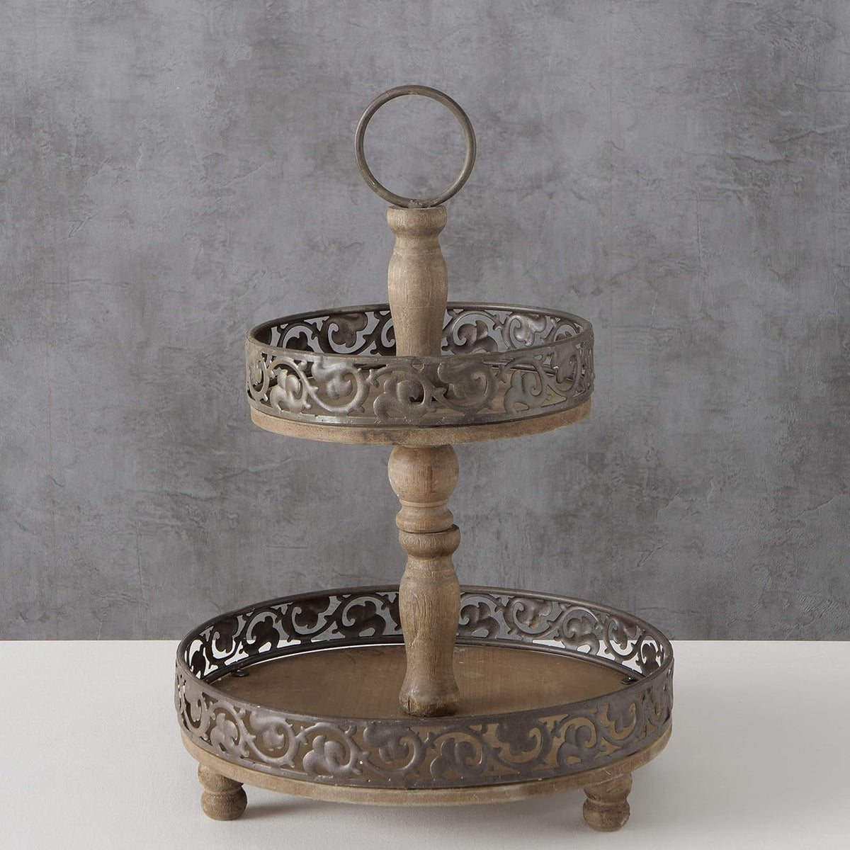 Rustic Nut Brown Wood and Metal Tier Stand R6525