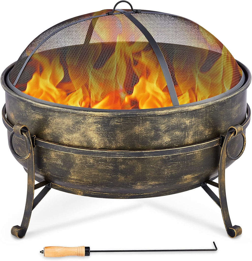 31-Inch Round Wood Burning Fire Pit with Metal Grate, Screen, Poker O71024
