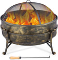 31-Inch Round Wood Burning Fire Pit with Metal Grate, Screen, Poker O71024