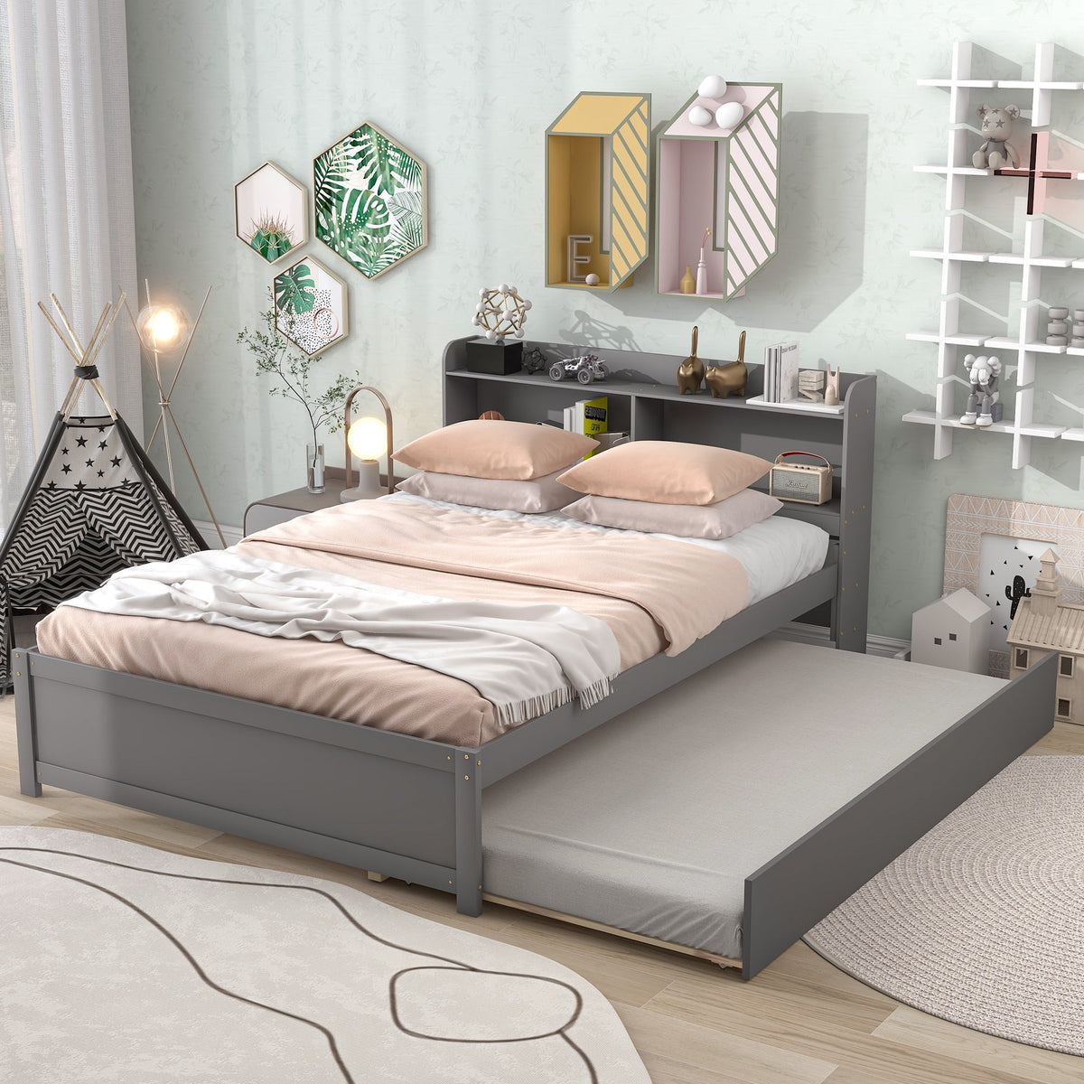 Twin Bed Frame with Trundle and Storage Bookcase P1101