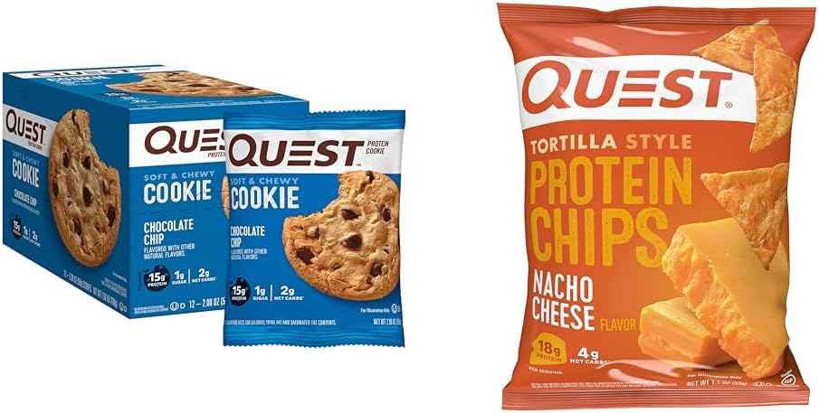 Chocolate Chip Protein Cookie 12 Count & Tortilla Style Protein Chips Nacho Cheese 1.1 Ounce Pack of 12 N464
