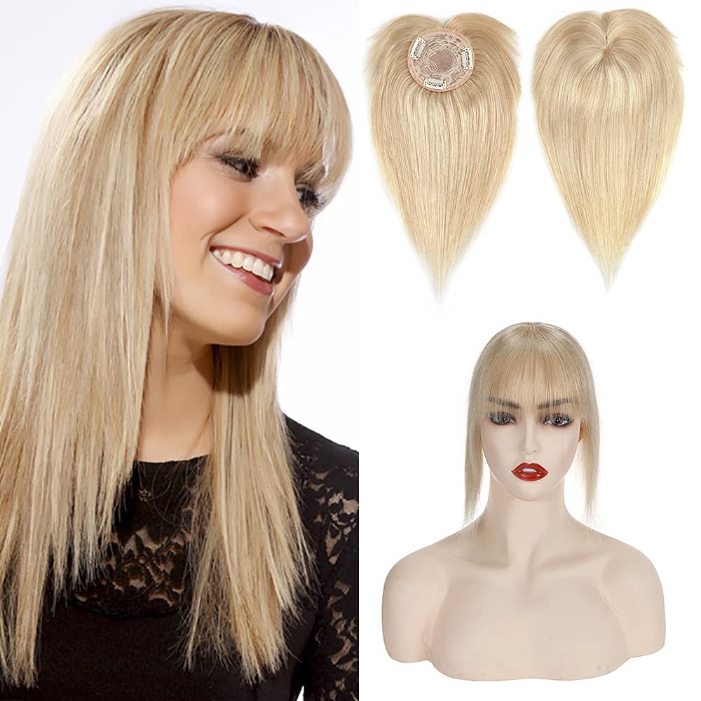 100% Real Human Hair Topper with Wispy Bangs Mono Base Crown Topper Y488