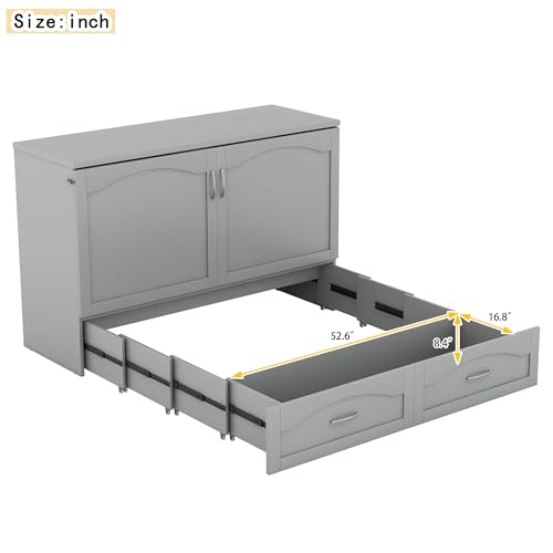 Queen Grey Solid Wood Murphy Bed with Drawer H19666