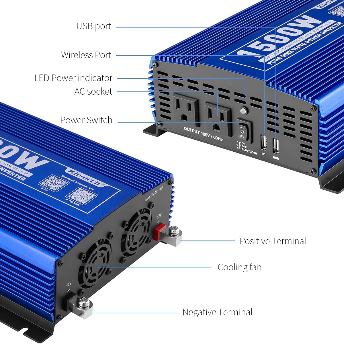 1500W Pure Sine Wave Power Inverter 12V DC to 110V AC with Bluetooth V586277