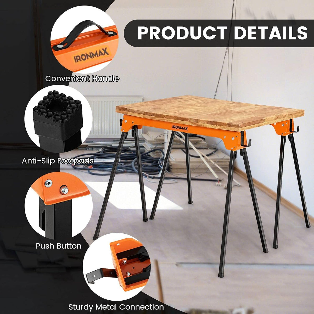 2 Pack Heavy Duty Folding Saw Horses with 4 Detachable Hooks F8305