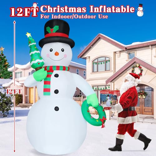 12 FT Christmas Inflatable Snowman with Christmas Tree & Wreath Built-in LEDs V116