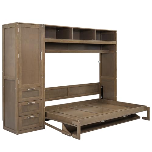 Antique Grey Full Solid Wood Murphy Bed with Wardrobe and Storage Drawers V270257