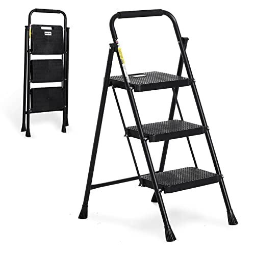 3 Step Folding Steel Step Ladder with Handgrip, 500 Lbs, Black C729