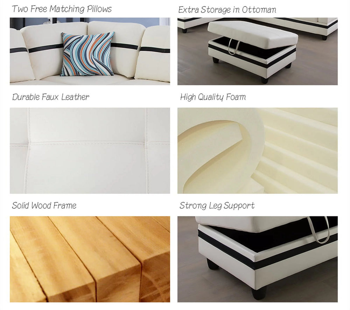 White Faux Leather Left Hand Facing Sofa & Chaise with Ottoman Z666172