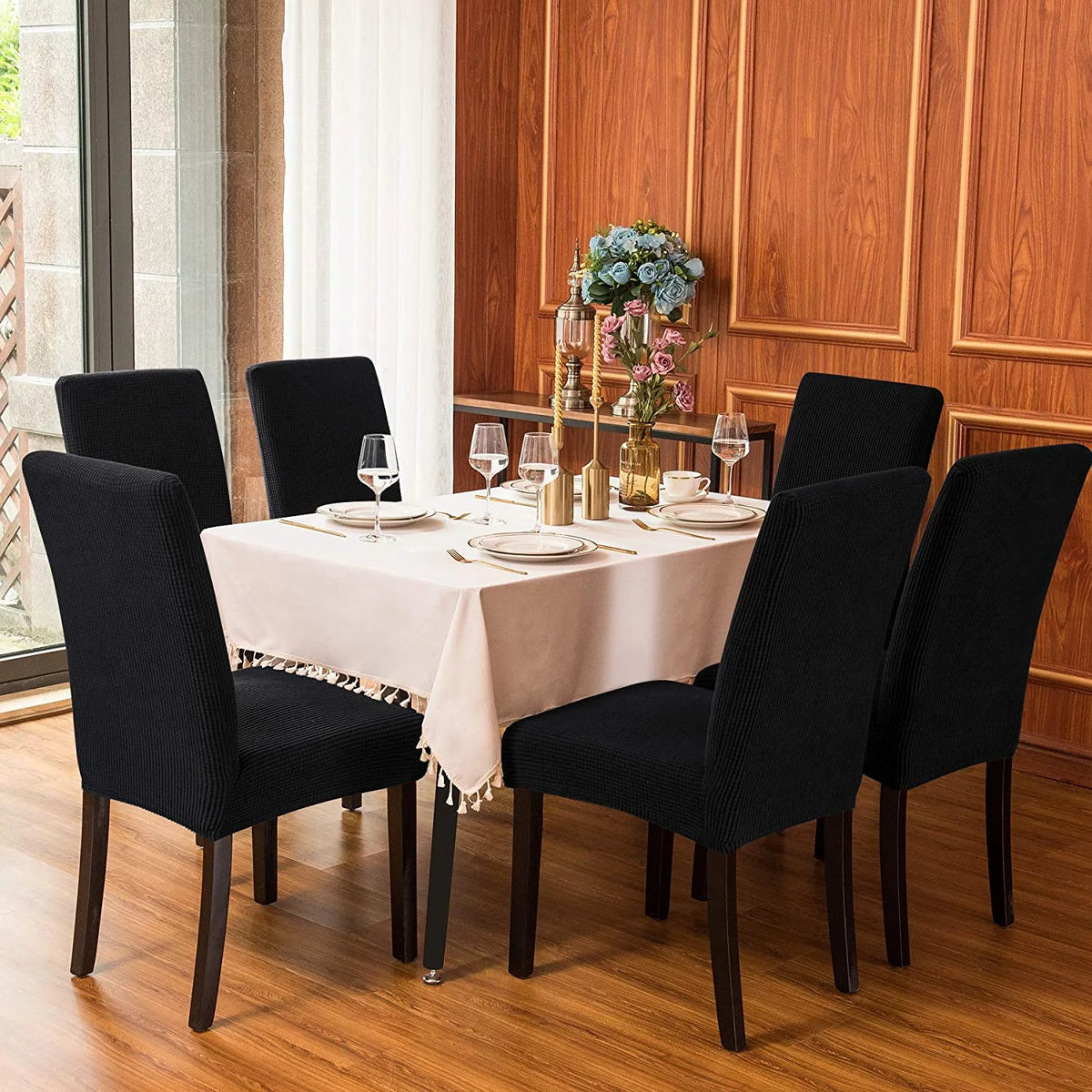 Black Textured Plaid Dining Chair Slipcover Set of 4 S7243