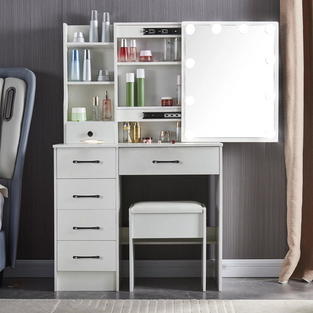 White Vanity Table with Lighted Mirror and Stool T2249