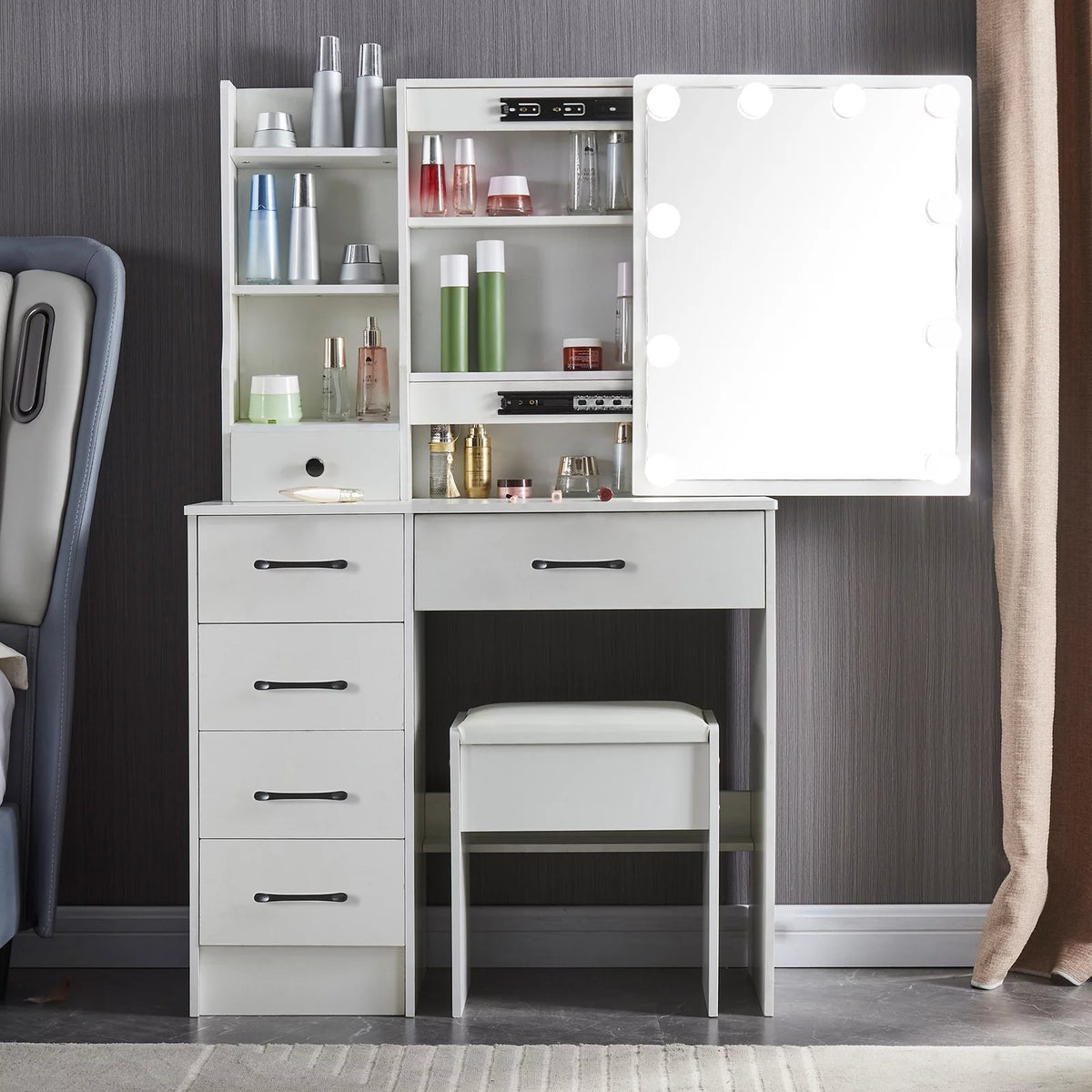 White Vanity Table with Lighted Mirror and Stool T2249