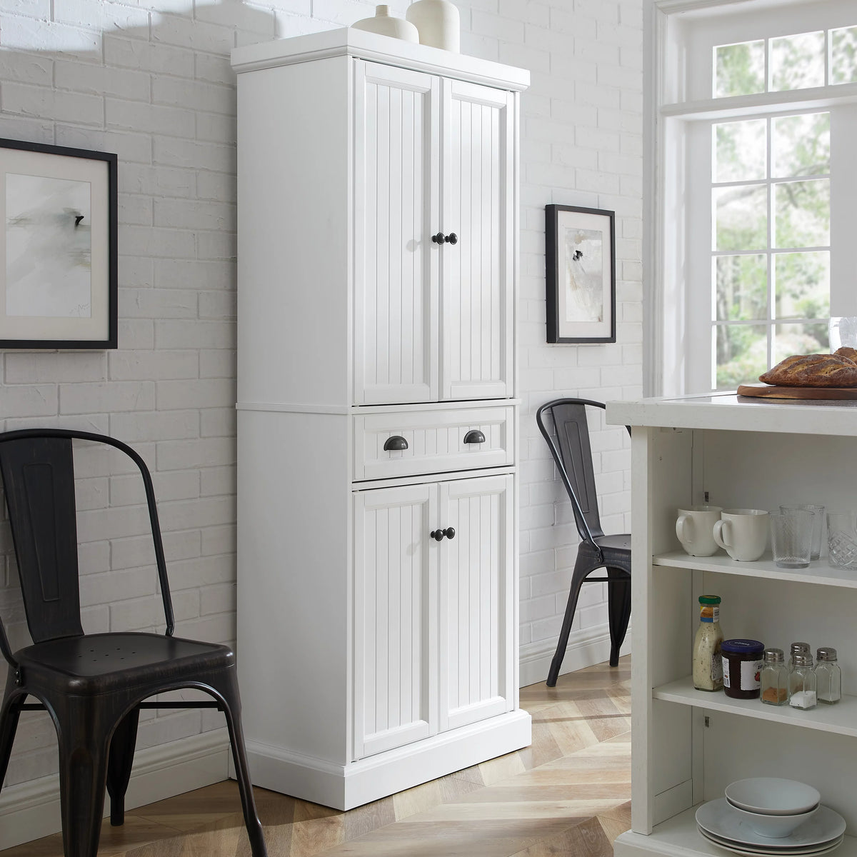Distressed White Black Wood Pantry W8566
