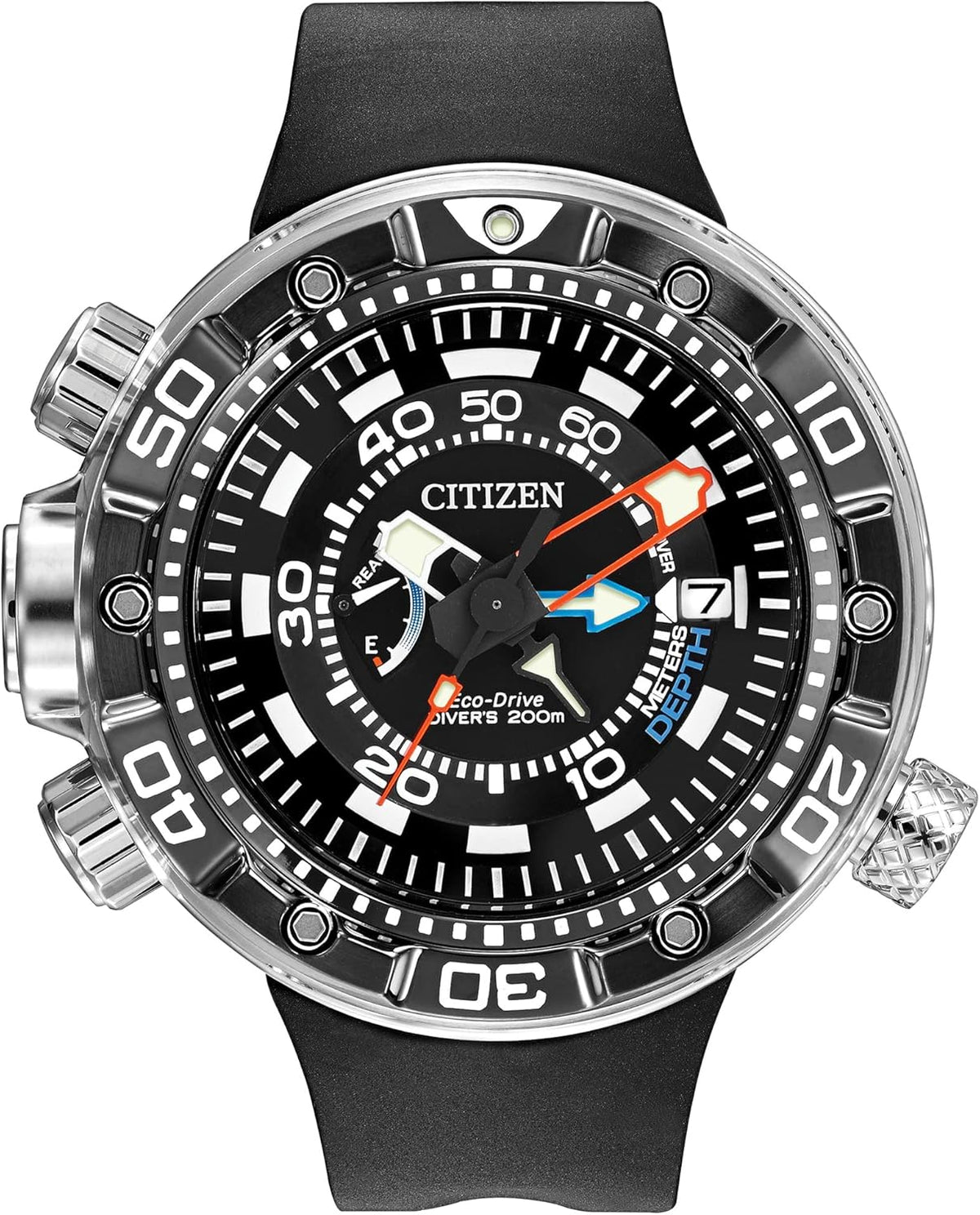 Men's Eco-Drive Promaster Sea Aqualand Depth Meter Watch in Stainless Steel with Black Polyurethane strap, Black Dial V563