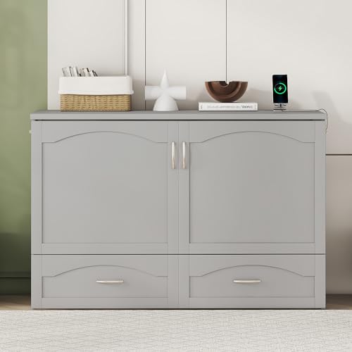 Queen Grey Solid Wood Murphy Bed with Drawer H19666