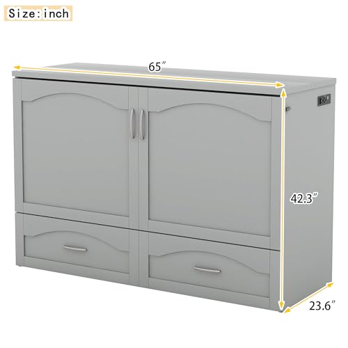 Queen Grey Solid Wood Murphy Bed with Drawer H19666