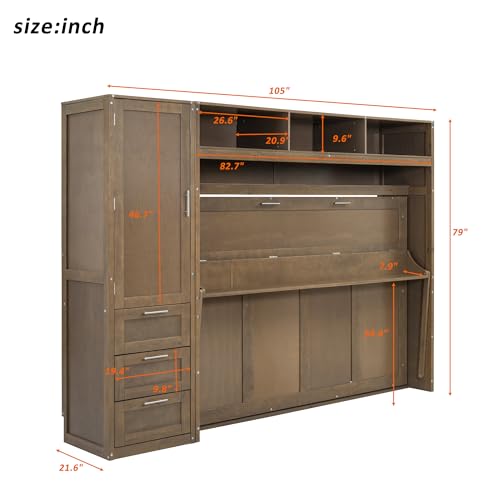 Antique Grey Full Solid Wood Murphy Bed with Wardrobe and Storage Drawers V270257