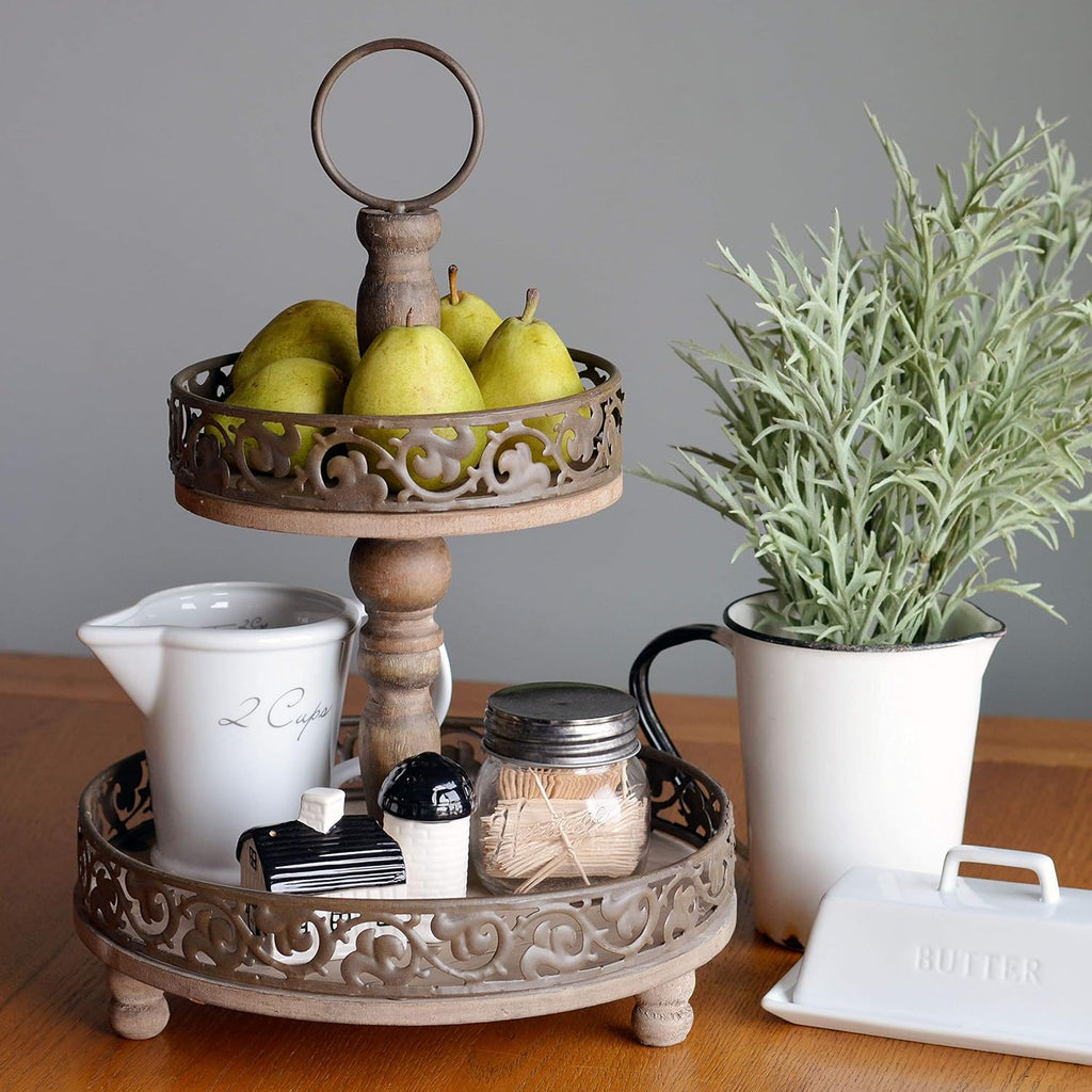 Rustic Nut Brown Wood and Metal Tier Stand R6525