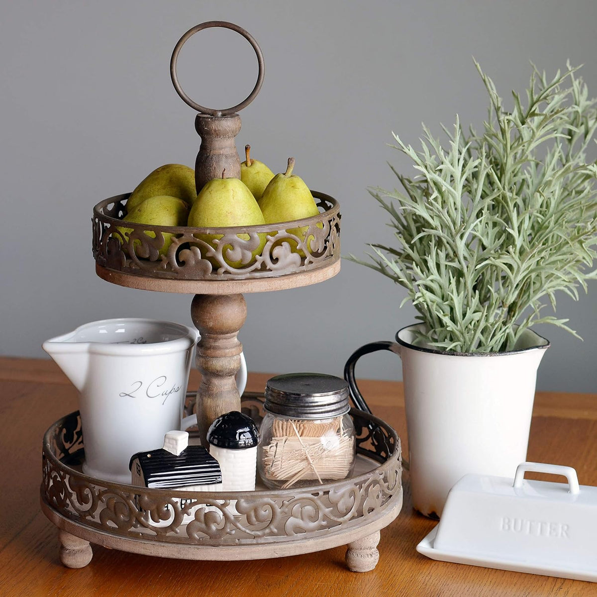 Rustic Nut Brown Wood and Metal Tier Stand R6525