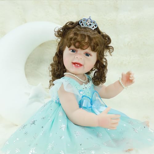 22 Inch Lifelike Full Body Vinyl Silicone Reborn Baby Doll with Long Hair D355