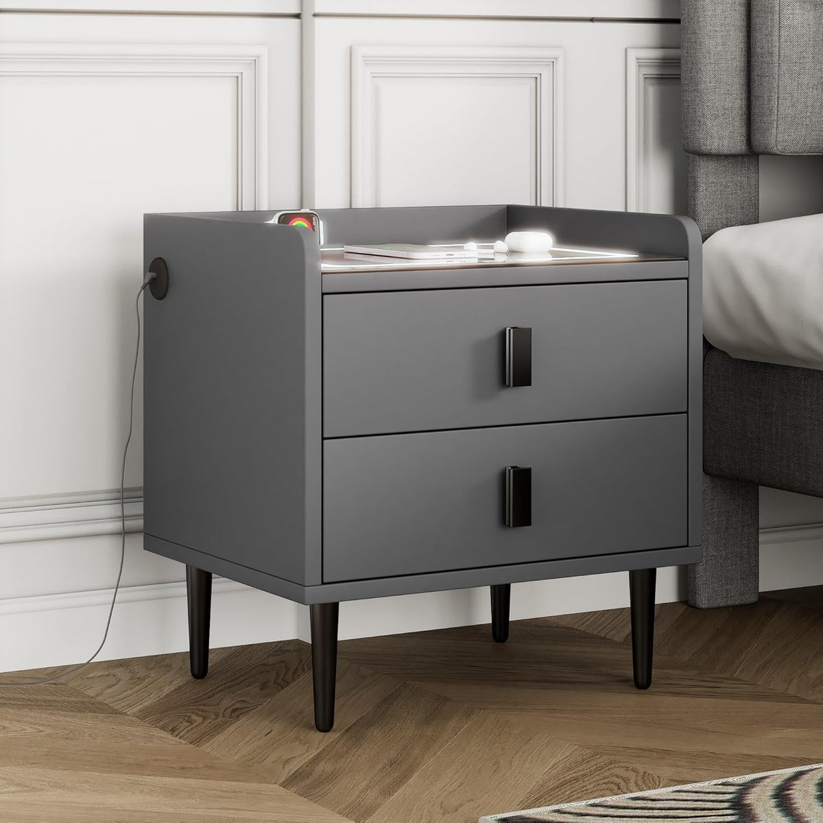 1 Pack Nightstand with Wireless Charging Station and LED Lights Grey Z3765